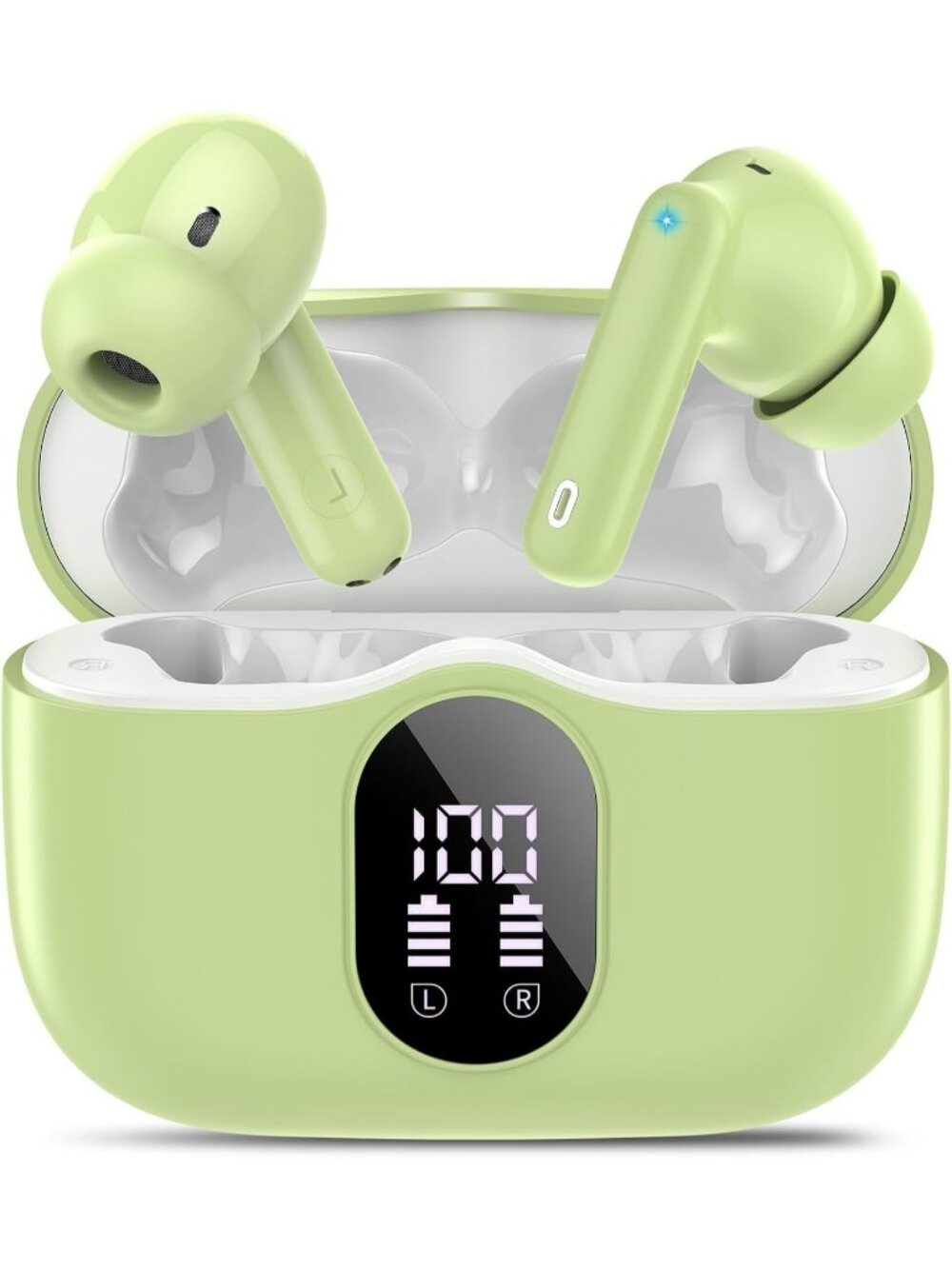 Wireless Grass Green Bass Stereo Noise Cancelling LED Display Bluetooth Earbud